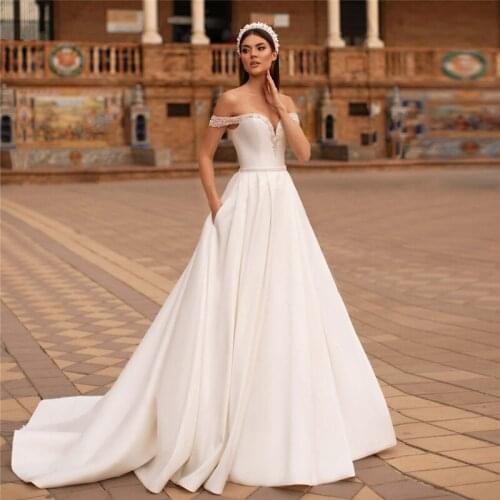 Off Shoulder Beaded Sweetheart A Line Wedding Dress Lace Up Corset Garden Bridal Gowns Princess 2020 Sexy New Fashion Spring