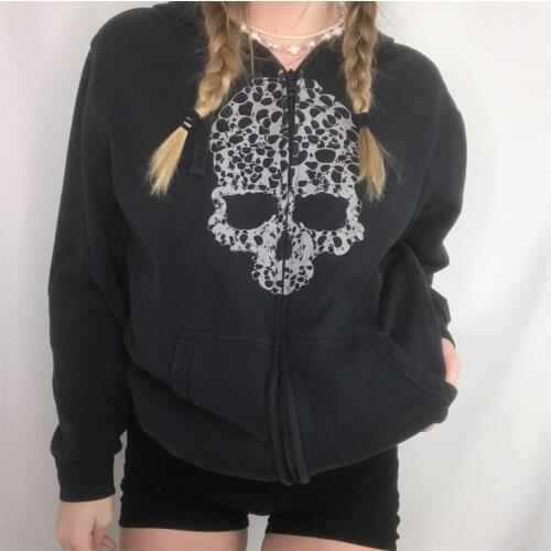 Women Spring Autumn Hoodie Skull/Skeleton Print Hooded Long Sleeves Zipper-Open Sweatshirt with Pockets for Girls