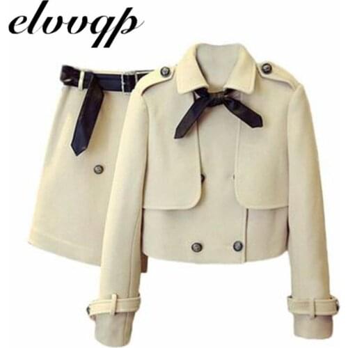 New Autumn Two Piece Wool Skirt Women Double Breasted Wool Coat + Elegant Lady Long Sleeve Blend Coats Short Section Outerwear