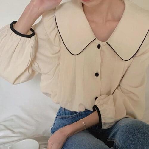 Spring Autumn Korean Chic Sweet Peter Pan Collar Shirt Top Women Lantern Sleeves Blouse Female Casual Long Sleeve Office Blouses