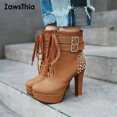 ZawsThia camel black punk platform high heels shoes for woman lace up bucke strap women ankle boots with stud rivets big size 48