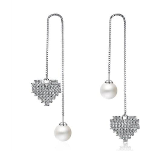 LUKENI Fashion 925 Sterling Silver Earrings For Women Jewelry Luxury Crystal Heart Pearl Female Tassel Drop Earrings Accessories