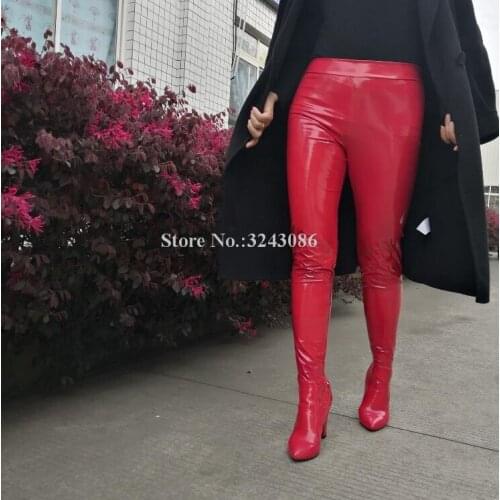 Fashion Woman Waist Pant Chunky Heel Long Boots Sexy Red Yellow Purple Patent Leather Over the Knee Thigh High Boots Lady