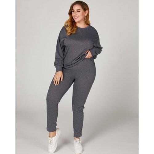 Womens Fall/Winter 2021 New Long Sleeve Sportsuit Round Collars Grey 2-Piece Set 869