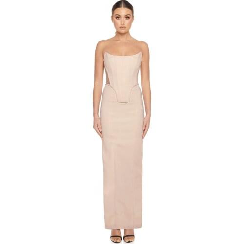 New Arrival Apricot Strapless Ankle-Length Bodycon Elegant Women Bandage Dress Chic Night Club Party Dress