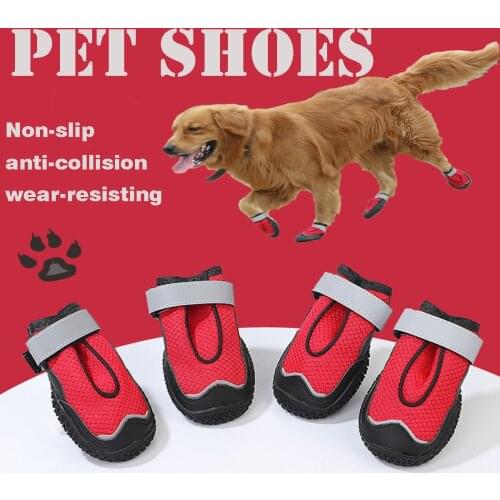 4PCS Red Dog Shoes Anti-slip soft Reflective Straps Four seasons shoes Suitable for small and large dogs Breathable Net shoes