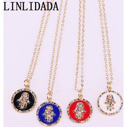 8Pcs Round Mix color Enamel with Micro Paved CZ Hamsa Hand Pendant Necklace Trendy Women Girl Jewelry