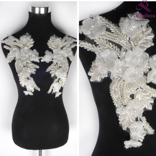 La Belleza white handmade beaded beautiful piece handmade3D flowers Rhinestone patch wedding dress applique accessories