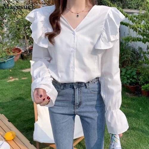 Ruffle Stitching Korean V-neck Women Shirt Long Lantern Sleeve Loose White Cotton Fashion Women Office Lady Style Blouses 12011