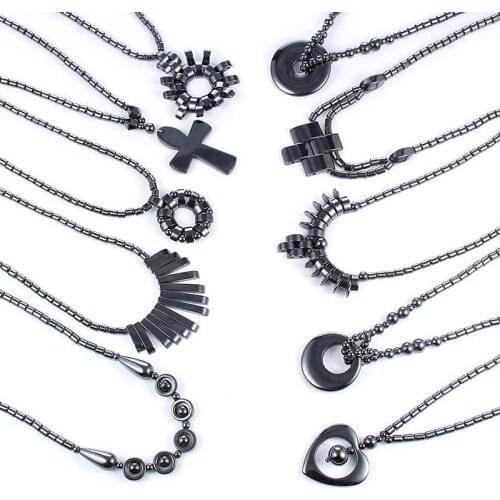 Hematite Magnet Necklaces Cross Heart Round Pendant for Men Woman Beaded Chain Health Jewelry