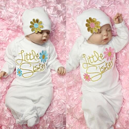 Cotton Flower Little Sister Baby Girl Clothes Coming Home Rompers outfit Baby Clothing Hat Cute 2pcs Set