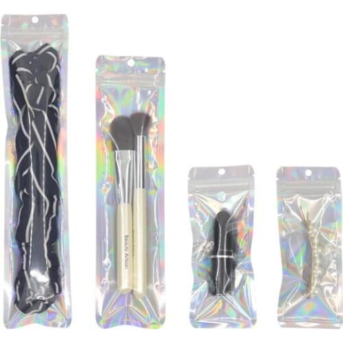 Beauty Makeup Product Sales Bag Holographic Silver Cosmetics Lipsticks Zip lock Bag Reusable Food Storage One Side Clear 100 Pcs