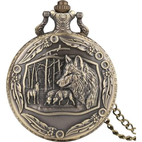 Cool Bronze Wolf in Forest Quartz Pocket Watch Men Fashion Fob Watches Boy Gift Full Hunter Pendant Children Necklace Clock 2020
