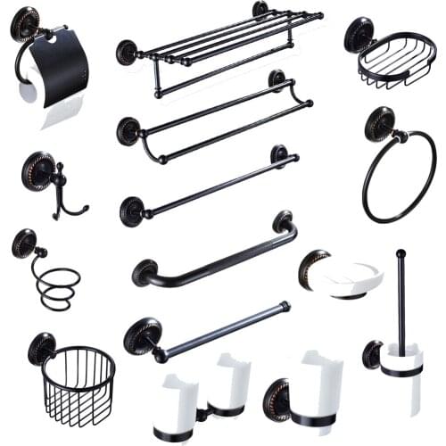 Leyden ORB Brass Bath Hardware Accessories Set Wall Mounted Black Robe Hook Toilet Paper Holder Towel Bar Hair Dryer Rack