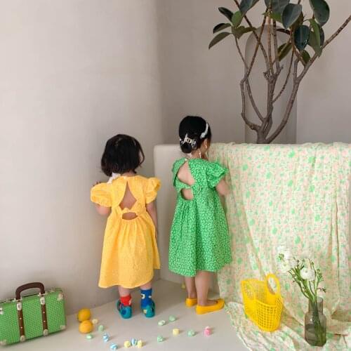 Summer baby girls backless bowknot princess dress kids cotton floral short sleeve dresses
