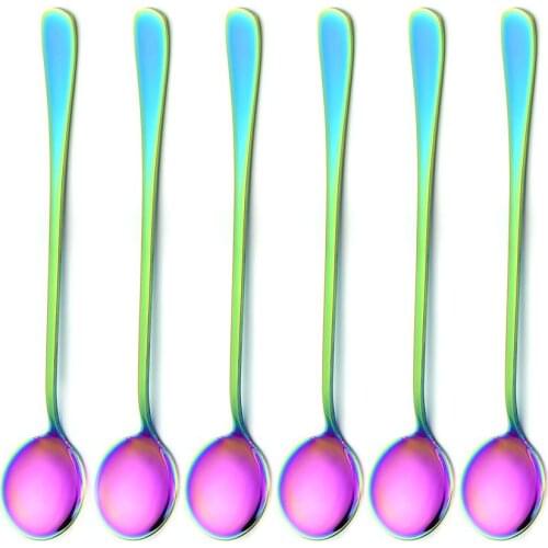 6Pcs/lot Stainless Steel Long-handled Spoon Rainbow Dessert Ice Cream Coffee Spoon Stirring Teaspoons Coffee Spoon Flatware Set