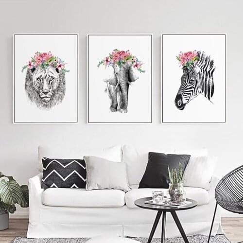 Cartoon Black White Jungle Animals Nordic Flower Elephant Zebra Canvas Painting Nordic Posters Print Wall Art Picture Home Decor