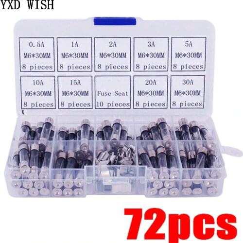 72pcs 6x30mm Fuse Assorted Kit Fast-Blow Glass Fuses 0.5A 1A 2A 3A 5A 10A 15A 20A 30A AMP Quick Blow Car Glass Tube Fuses Set