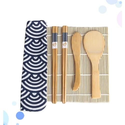 6pcs/Set Bamboo Sushi Making Kit Sushi Rolling Mat Rice Paddle Cutter Chopsticks Storage Pouch Set Onigiri Rice Cooking Tools