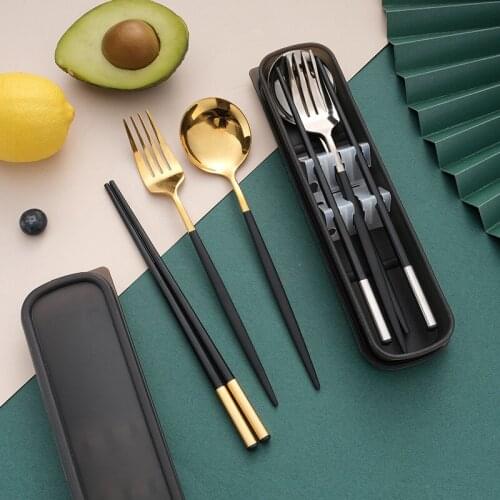 3/4Pcs Black Gold Silver Tableware Set Stainless Steel Knife Fork Spoon Dinnerware with Portable Storage Box Kitchen Accessories