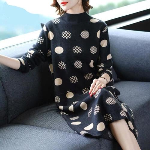 2021 Autumn Winter Vintage Black Dot Wool Sweater Dresses Women Elegant Bodycon Sweater Casual 3XL Plus Size Knitting Pullovers