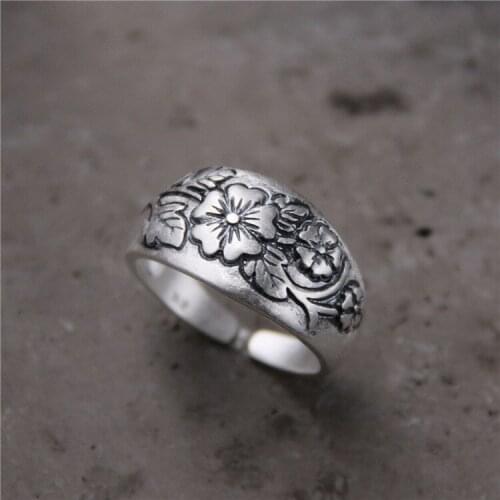 Silver S999 silver carved plum flower ring for women Thai silver do old national wind restoring ancient ways ring