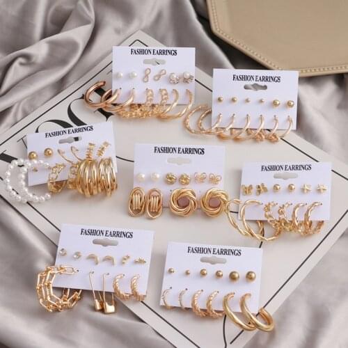 KISS WIFE Fashion Gold Chain Hoop Earrings Set For Women Girl Elegant Geometric Pearl Circle Hoop Earrings 2021 NEW Jewelry Gift