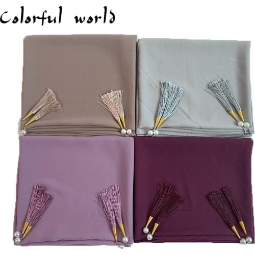 2021 Malaysia New Pearl Tassled Scarf Muslim bubble chiffon hijab women foulard arab head wraps islamic headscarf turkey scarf