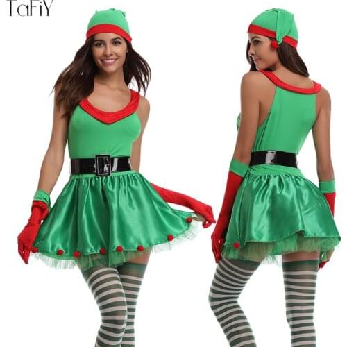 TaFiY Top Quality 4Pcs Women Green Christmas Costumes Sexy Christmas Dress Santa Claus Costumes for Adults Uniform One Size