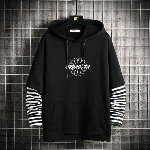 Spring Autumn 2021 Fake Two Piece Casual MenS Hip HOP Hoodies Sweatshirts Streetwear One Piece Brand Black Korea Fashion Clothe