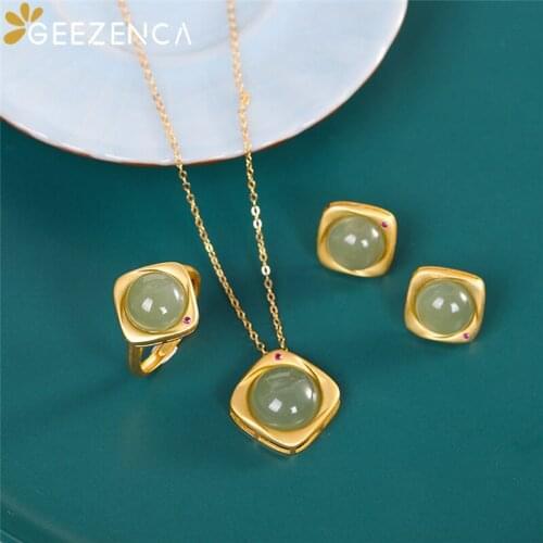 GEEZENCA S925 Silver Goldplated Jasper Jewelry Sets Ring Necklace Earrings Squared Geometric Hetian Jade Fine Jewelry Women Gift