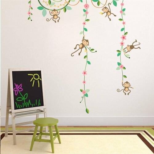 Funny Monkeys Hanging On Tree Flower Vine Wall Stickers For Kids Room Decoration Nursery Mural Art Diy Home Decals