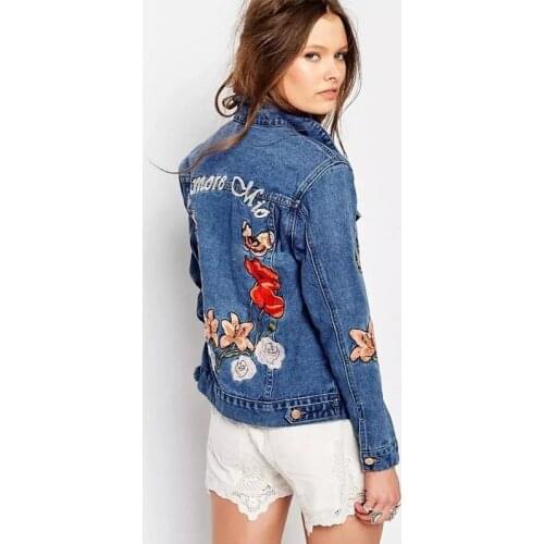 Women Spring Blue Cotton Denim shorts Jacket Washed Female Collar Embroidery Flower letter cowboy outerwear fashion jeans Coat