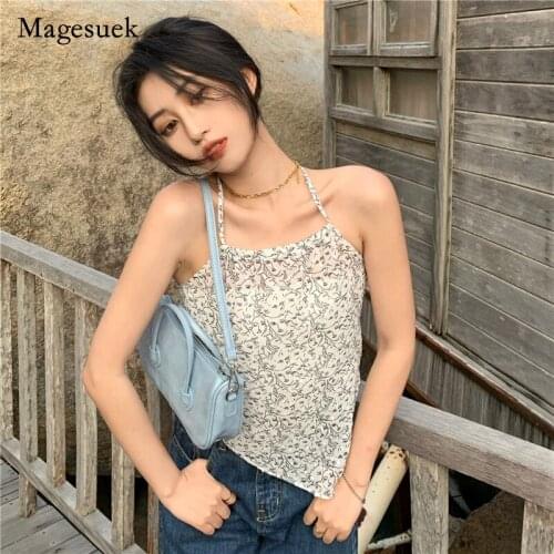 2021 Korea Summer Women Tops Chiffon Floral Print Female O-neck Sleeveless Blouse Sexy Casual Sweet Shirt for Women Blusas 14357