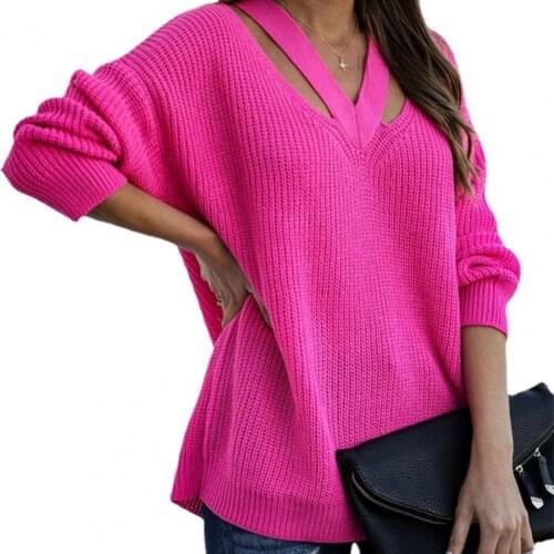 V Neck Women Pullovers Sweaters Hollow Out Solid Color 2021 Autumn Winter Sweater Loose Casual Knitwear Basic Jumper Tops