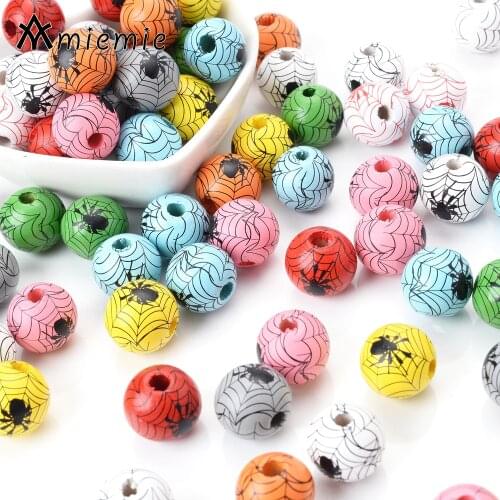 10Pcs/Lot 15mm Spider Beads Round Wood Mixed Halloween Loose Spacer Beads For DIY Decoration Party Making Bracelet Necklace