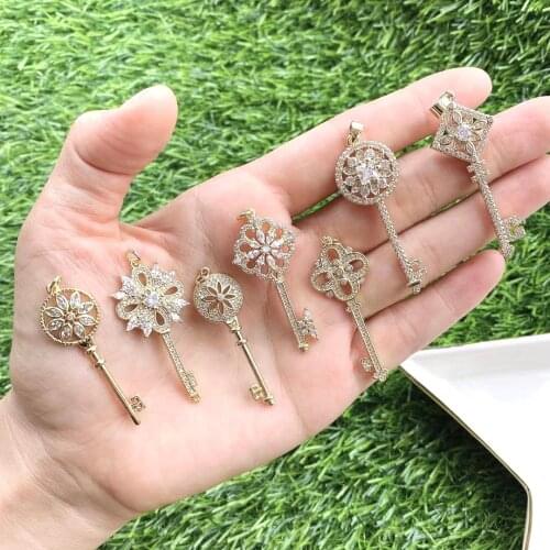 10Pcs ,Multi designs luxury fashion cz micro pave charm pendant for necklace,fashion zirconia key lock flower pendants