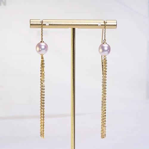18K Solid Yellow Real Gold Jewelry(AU750) Women Engagement Drop Earrings Tassel Ear Line Lady Girl Sea Pearl