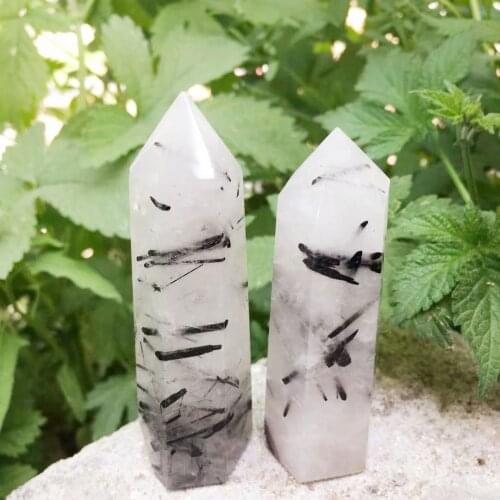 2PCS Natural Black Tourmaline Rutilated Quartz Crystal Point Wand Healing Reiki Stones And Minerals Carving Chakra Decoration