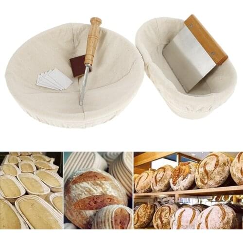 2pcs Natural Rattan Fermentation Bread Basket Round Oval Baking Cake Proofing Proving Baskets With Board Scraper Cloth Bag