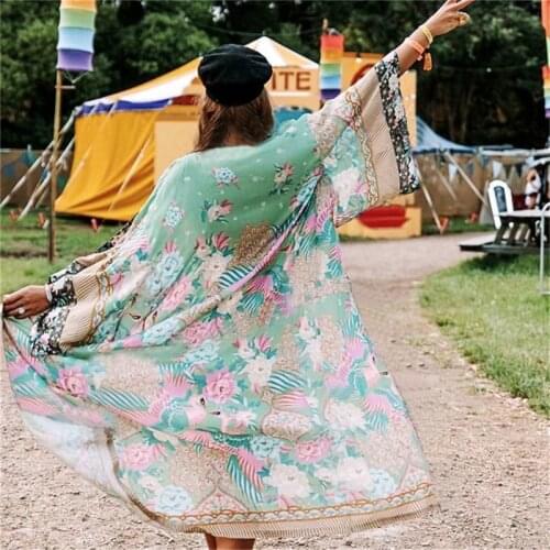 2021 Chiffon Long Sleeve Beach Boho Cover Up Blouse Women Vintage Kimono Cardigan Floral Print Tops Blusas Femme Long Shirts
