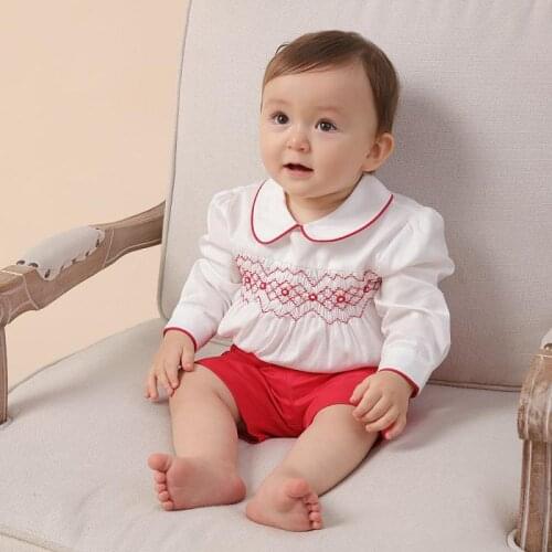2021 Girls Clothes Set Spanish Newborn Infant Smocked Long Sleeve Blouse Red Shorts Suits Toddler Girl Cotton Smocking Outfits