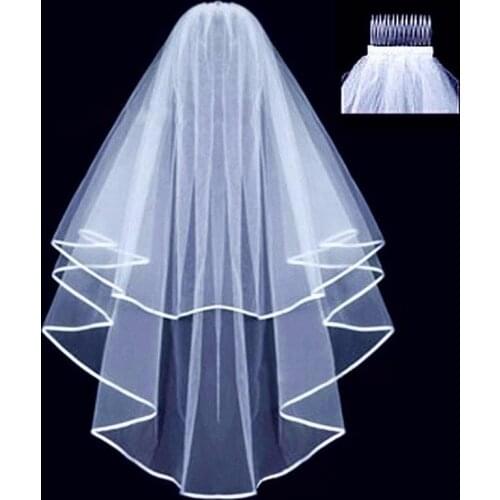 Wedding Bridal Veil With Comb Two Layers Short Tulle Veil Lace Ribbon Edge White Bat Veil Simple Elegent Wedding Accessories