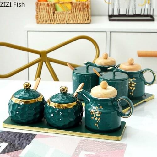 Ceramics Home Green Spice Jar Oil Bottle Combination Nordic Kitchen Supplies Seasoning Jar Three Piece Set Storage Box with Tray