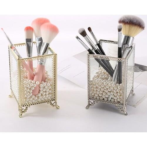 Nordic Style Cosmetic Pencil Holder Cosmetic Brush Bucket Gold Desktop Storage Tube Box Makeup Brush Organizer Case Brass Frame