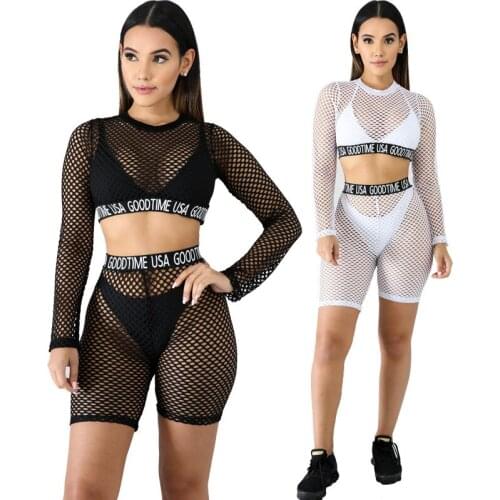Fashion style letter print sexy tracksuit fishnet summer 2 pieces outfits for women set lady long sleeve track suit DCY8146