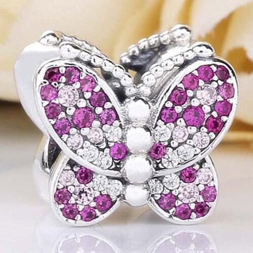 Original Three-dimensional Dazzling Pink Butterfly Beads Fit 925 Sterling Silver Bead Charm Bracelet Bangle Diy Jewelry