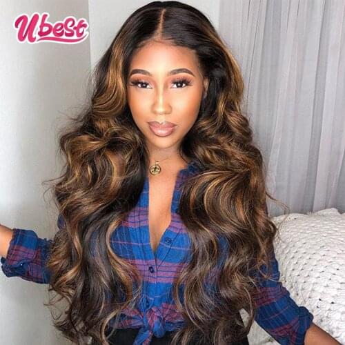 Ubest Highlight 4 30 Body Wave Human Hair Wigs Highlight Brown Straight Lace Front Wig 8-30Inch Brazilian Hair Wigs for Women
