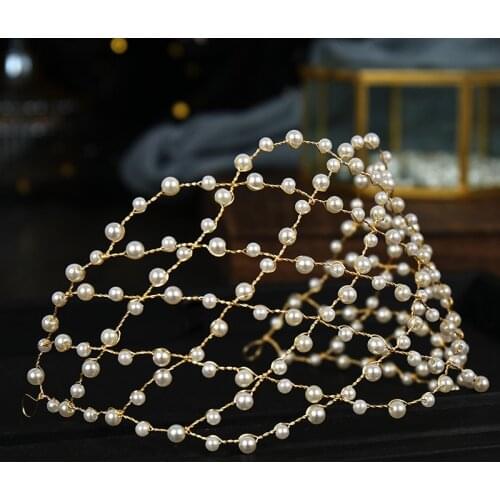 Baroque Vintage Gold Pearl Mesh Hairband Headpiece Handmade Simple Hollow Out Headband Tiara Hair Vines Wedding Hair Accessories