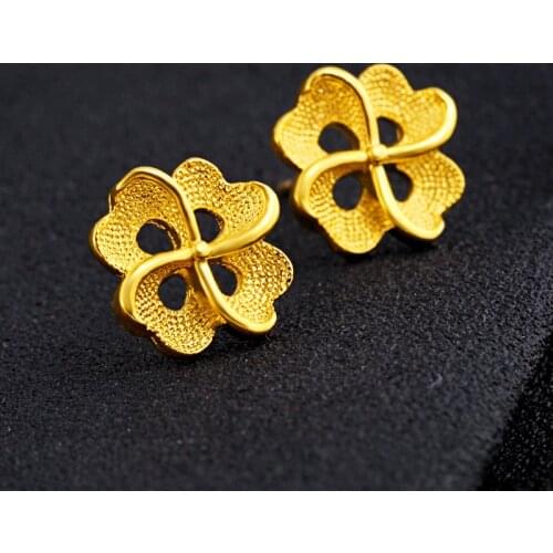 Lucky Clover Womens Yellow Gold Filled Stud Earrings Personality Female Ear Stud Fashion Temperament Ear Jewelry Gift